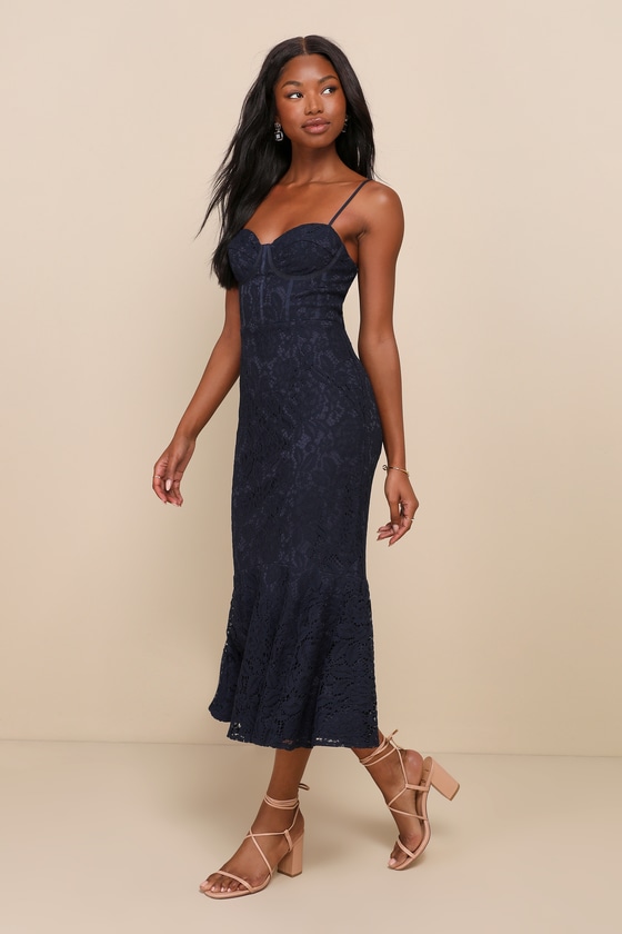 Found Your Love Navy Blue Lace Sleeveless Trumpet Midi Dress