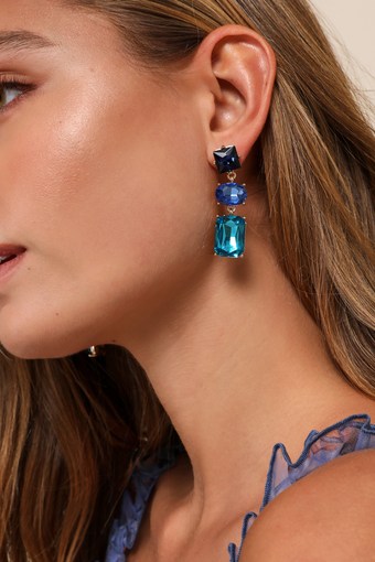 Vibrant Persona Blue Rhinestone Statement Drop Earrings