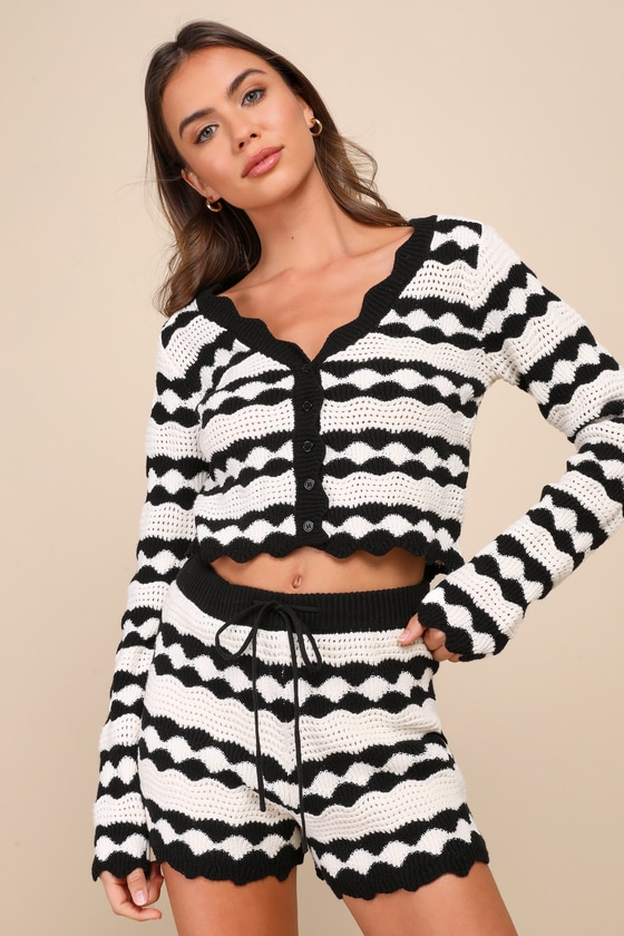 Stylish Bliss Ivory and Black Striped Crochet Cardigan 1