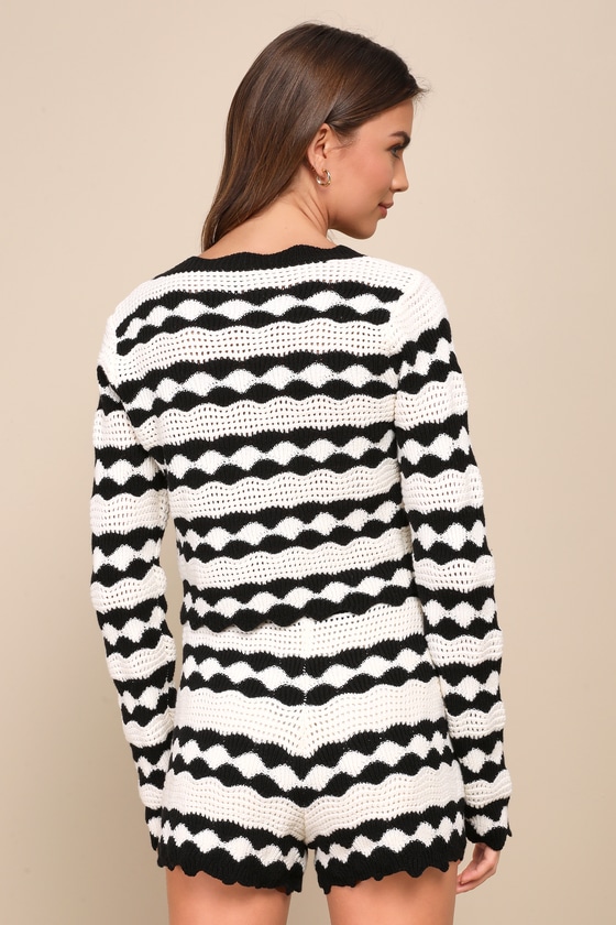 Stylish Bliss Ivory and Black Striped Crochet Cardigan 4