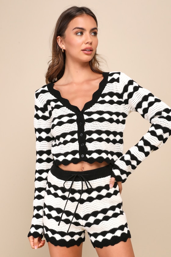 Stylish Bliss Ivory and Black Striped Crochet Shorts 3