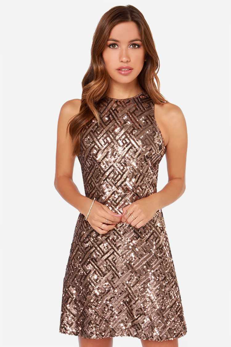 Dress The Population Gold Sequin Mini Dress Square Neck Gold Sequin Lace-Up Mini  Dress  Babyonlines