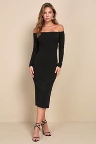 Exquisite Event Black Off-the-Shoulder Long Sleeve Midi Dress