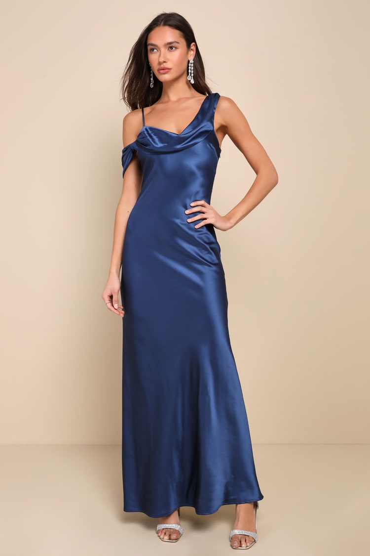 navy blue dress for baby girl Elevated Romance Navy Blue Satin Asymmetrical Maxi Slip Dress