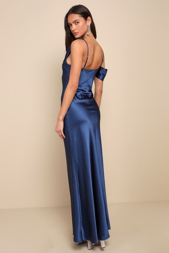Elevated Romance Navy Blue Satin Asymmetrical Maxi Slip Dress 2