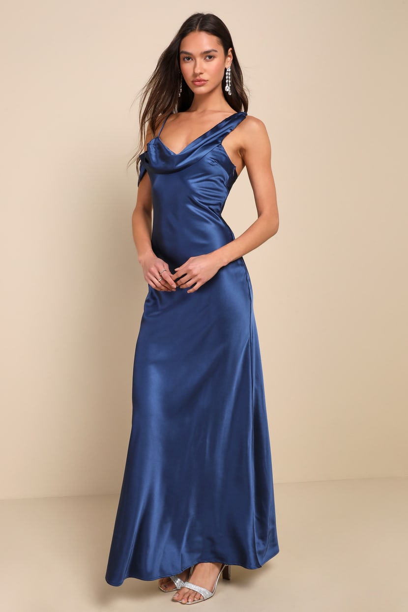navy blue long slip for under dress Navy Blue Dress - Satin Slip Dress - Asymmetrical Maxi Dress