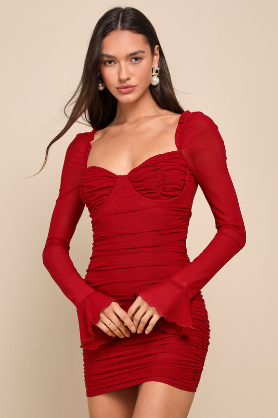 Lulus Fascinating Beauty Dark Red Mesh Ruched Bustier Mini Dress