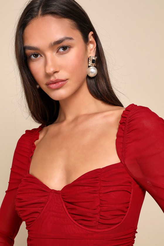 Dark Red Mini Dress - Mesh Ruched Dress - Bustier Mini Dress - Lulus