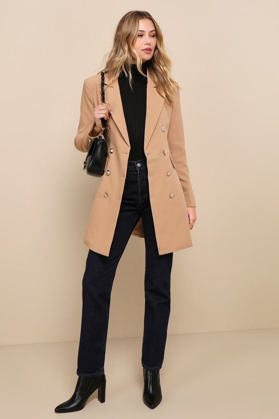 Tan Double Breasted Coat Military Coat Tan Blazer Dress Lulus