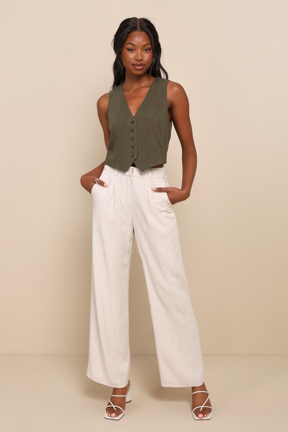 Sophisticated Stroll Beige Linen High Rise Straight Leg Pants 1