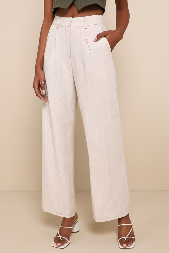 Sophisticated Stroll Beige Linen High Rise Straight Leg Pants 2