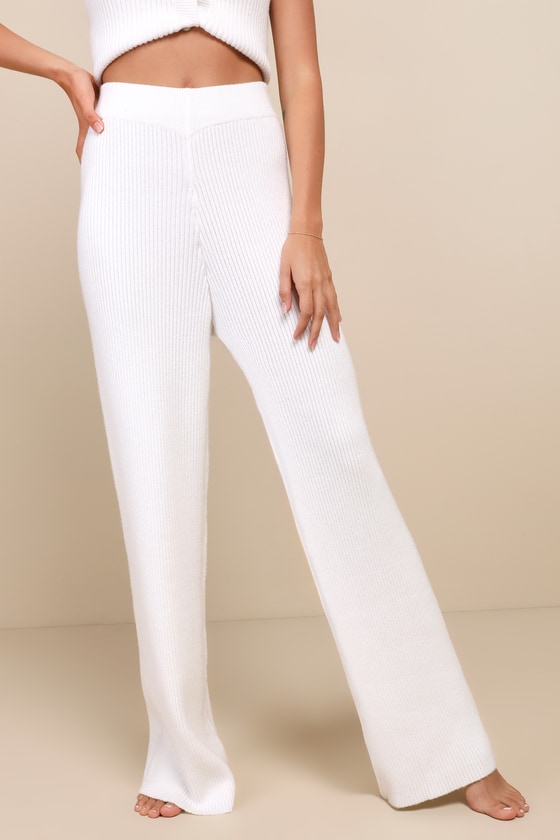 Naturally Trendy Ivory Ribbed Knit High Rise Sweater Pants 3