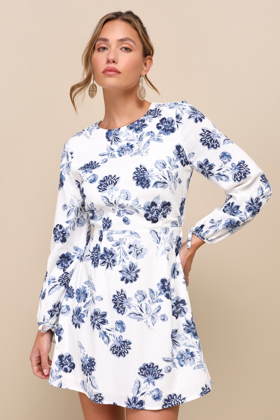 Lulus Darling Simplicity White And Blue Floral Linen Cutout Mini Dress