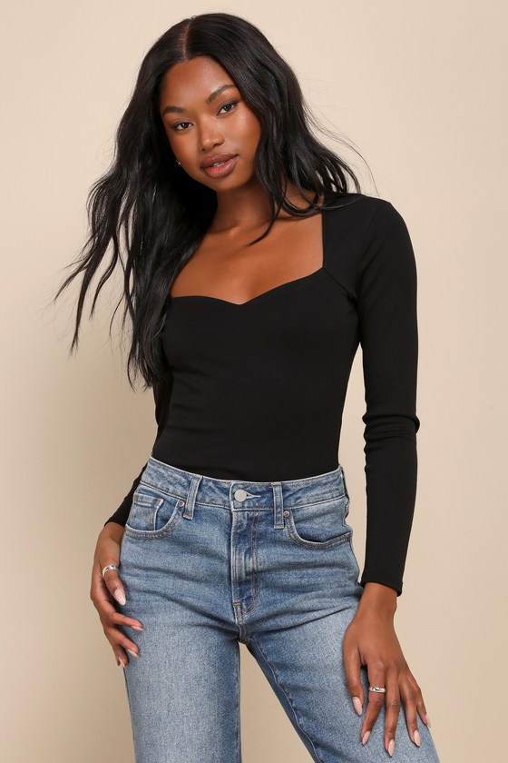 Black Jersey Knit Top Long Sleeve Top Sweetheart Neck Top Lulus