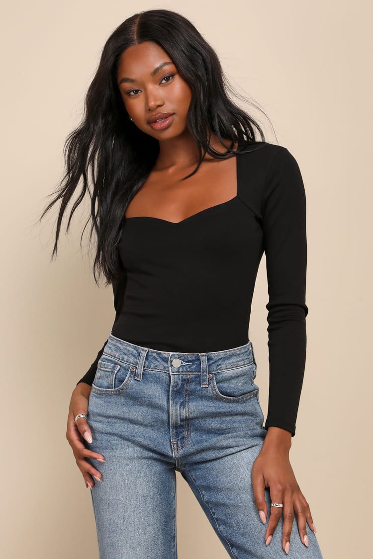 Black Jersey Knit Top - Long Sleeve Top - Sweetheart Neck Top - Lulus