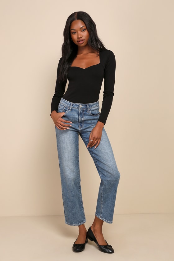 Black Jersey Knit Top - Long Sleeve Top - Sweetheart Neck Top - Lulus