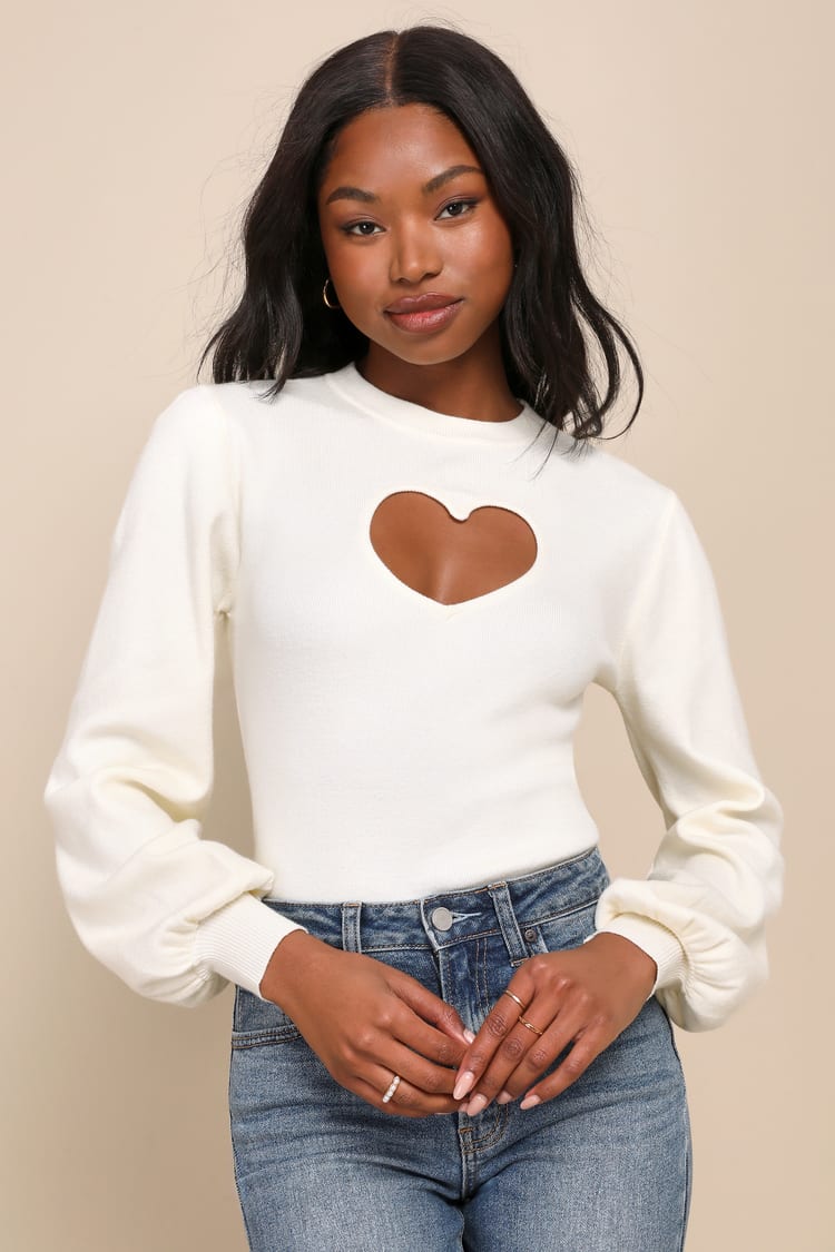 Ivory Sweater Top - Heart Cutout Top - Long Sleeve Sweater Top - Lulus