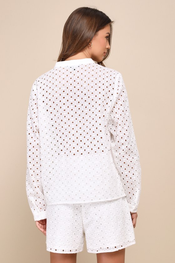 Caribbean Chic Ivory Cotton Eyelet Embroidered Long Sleeve Top 2