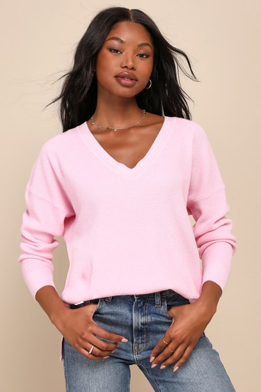 Easygoing Style Pink Waffle Knit Pullover Sweater Top