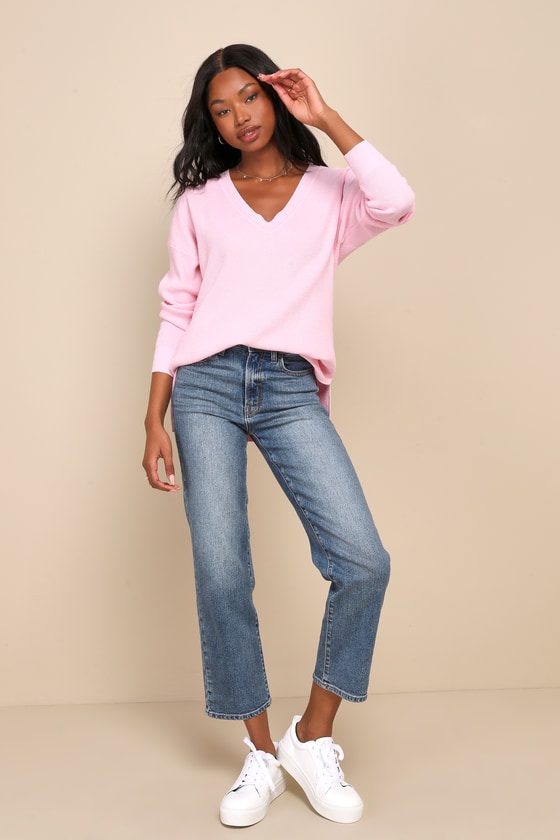 Easygoing Style Pink Waffle Knit Pullover Sweater Top 4