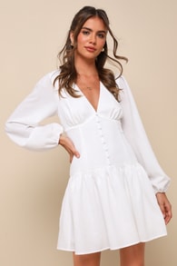 Charming Arrival White Textured Button Front Mini Dress