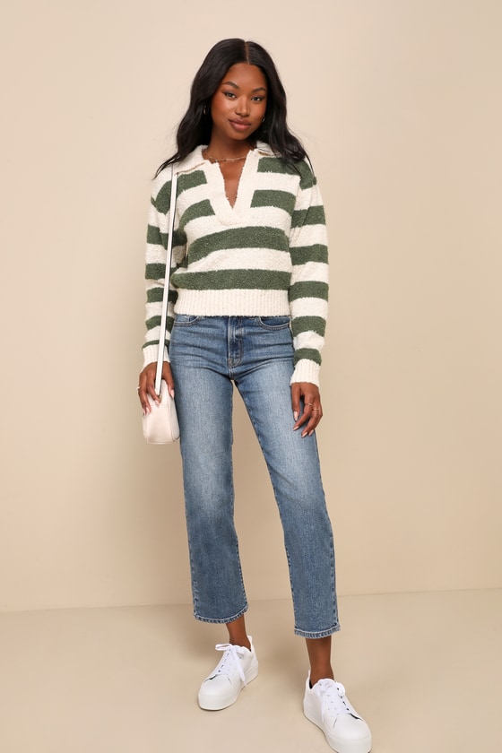 Toasty Vibes Cream and Green Striped Collared Sweater 3