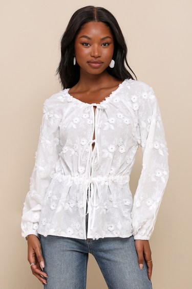 Wonderfully Darling White Embroidered Drawstring Tie-Front Top