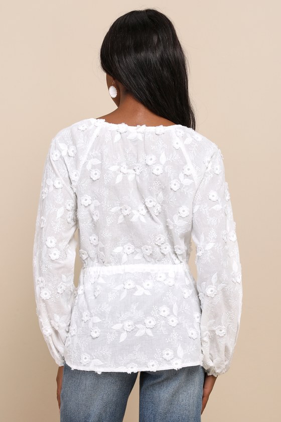 White Embroidered Top - Tie-Front Top - Drawstring Top