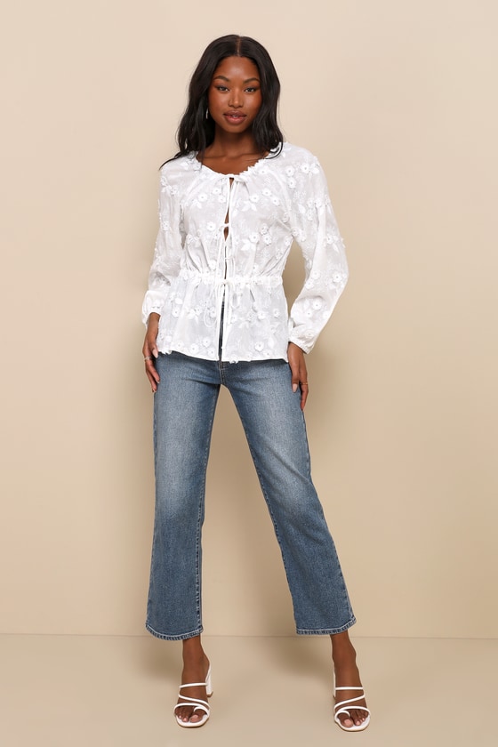 White Embroidered Top - Tie-Front Top - Drawstring Top