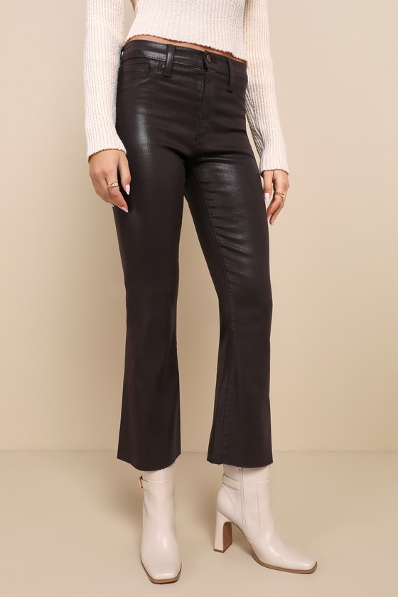Trendy Vision Dark Brown Coated High Rise Cropped Flare Jeans 8