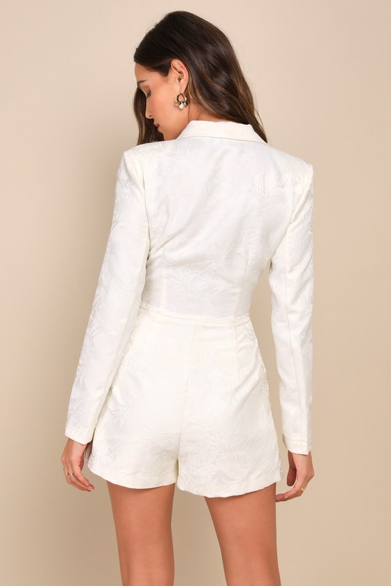 Confident Sophistication Ivory Jacquard Collared Blazer Romper