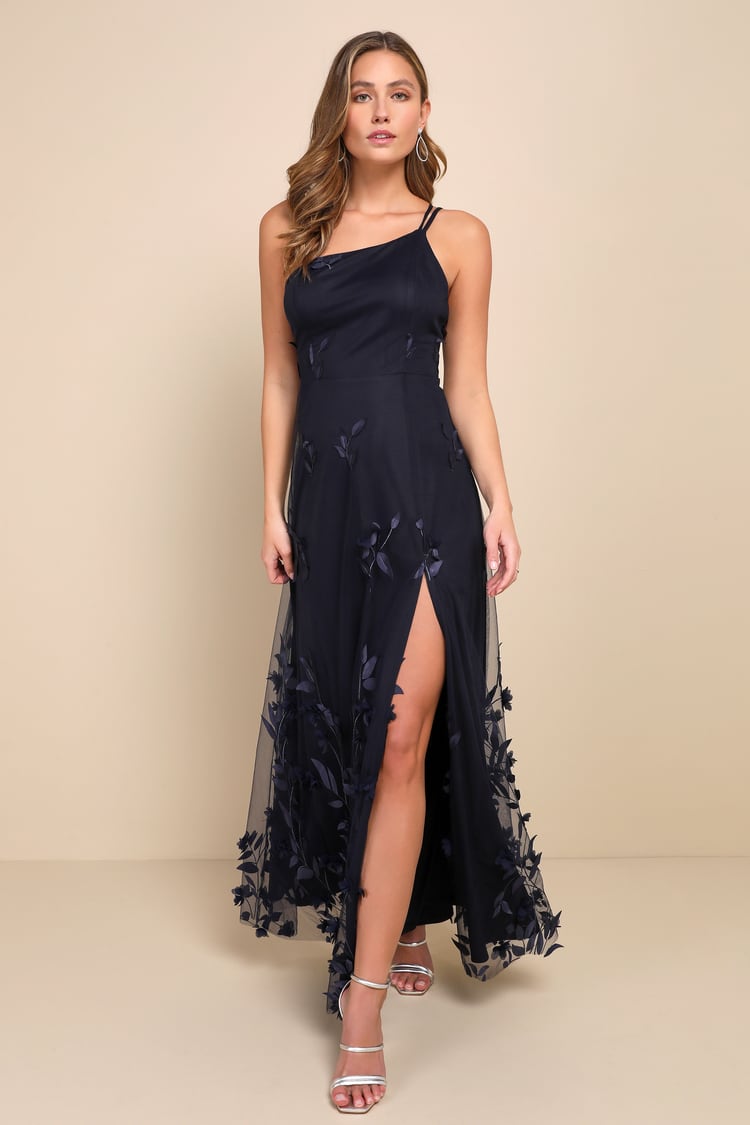 navy blue asymmetric hem one shoulder dress Navy Silk Satin Dress One Shoulder – Désir Couture main image 1