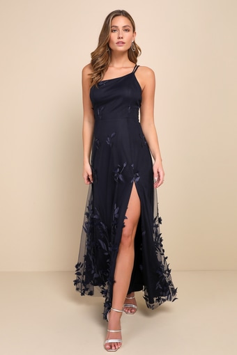 Regal Poise Navy Blue 3D Floral Applique One-Shoulder Maxi Dress 1