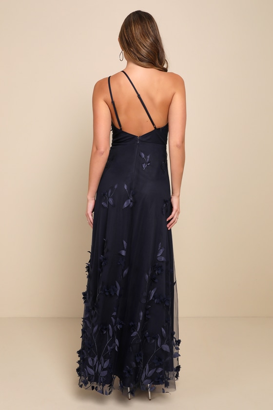 Regal Poise Navy Blue 3D Floral Applique One-Shoulder Maxi Dress 4