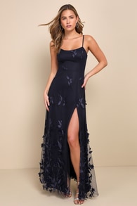 Abundant Charm Navy Blue 3D Floral Applique Maxi Dress 1