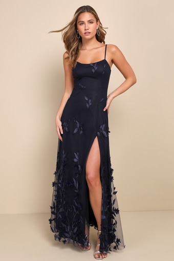 Abundant Charm Navy Blue 3D Floral Applique Maxi Dress 1