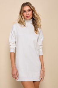 Toasty Perfection White Turtleneck Mini Sweater Dress