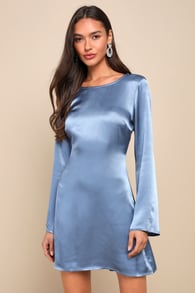 Completely Sophisticated Slate Blue Satin Long Sleeve Mini Dress