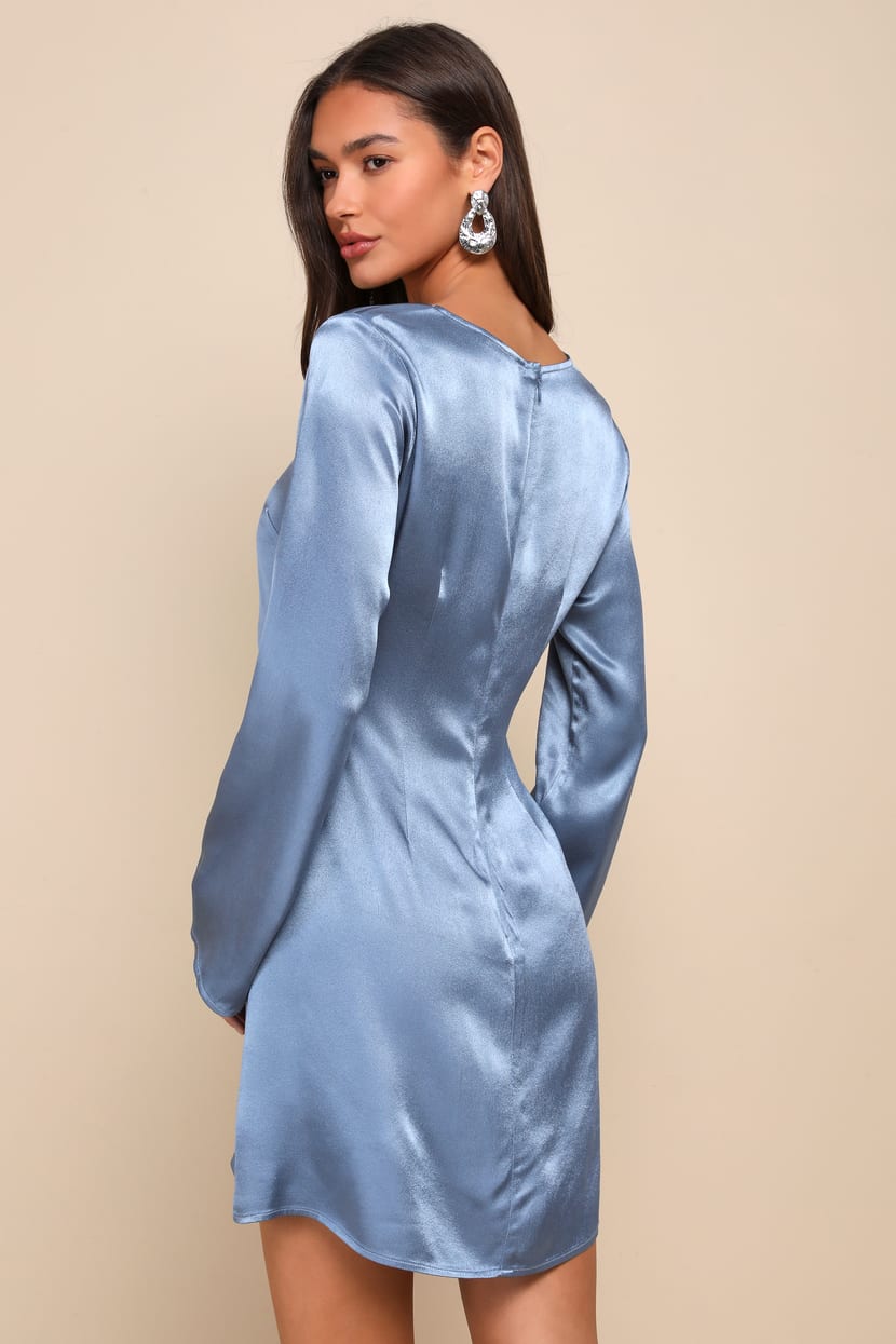 Slate Blue Satin Dress - Slip Mini Dress - Boat Neck Mini Dress - Lulus