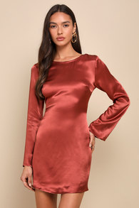 Completely Sophisticated Rust Red Satin Long Sleeve Mini Dress
