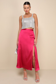 Elegant Blossoms Magenta Satin Midi Skirt