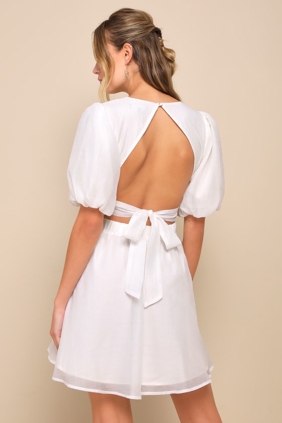 Won't Stop Dancing Puff Sleeve Cut-Out Back Mini Dress White