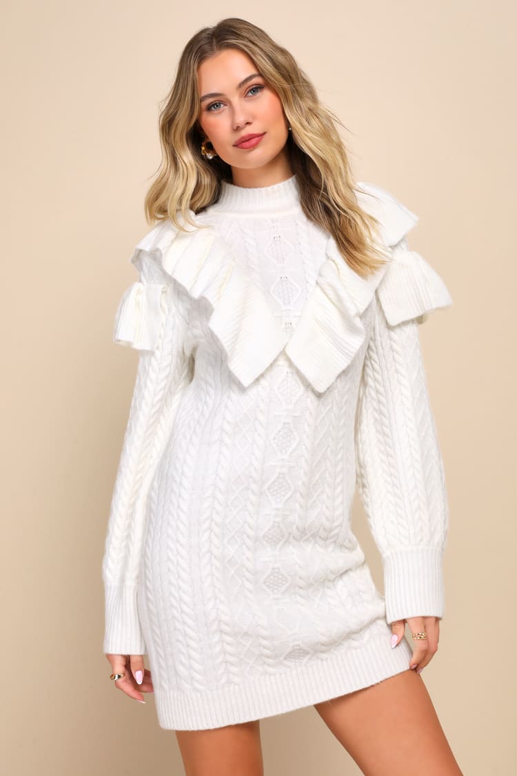 Mini Dress White Cable Knit Jumper Dress Exceptional Cutie White