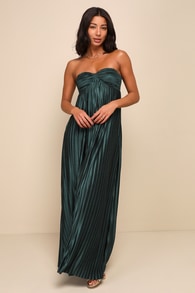 Whimsical Beauty Emerald Green Satin Plisse Strapless Maxi Dress 1