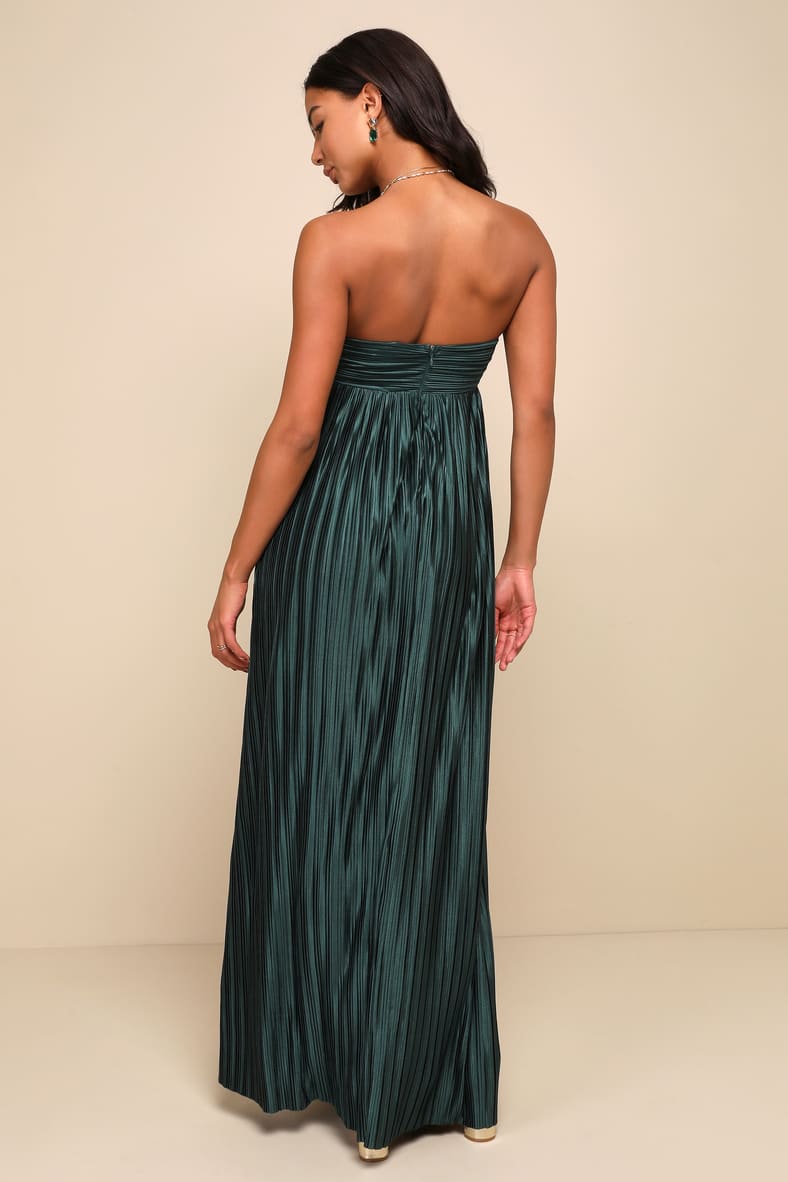 Whimsical Beauty Emerald Green Satin Plisse Strapless Maxi Dress