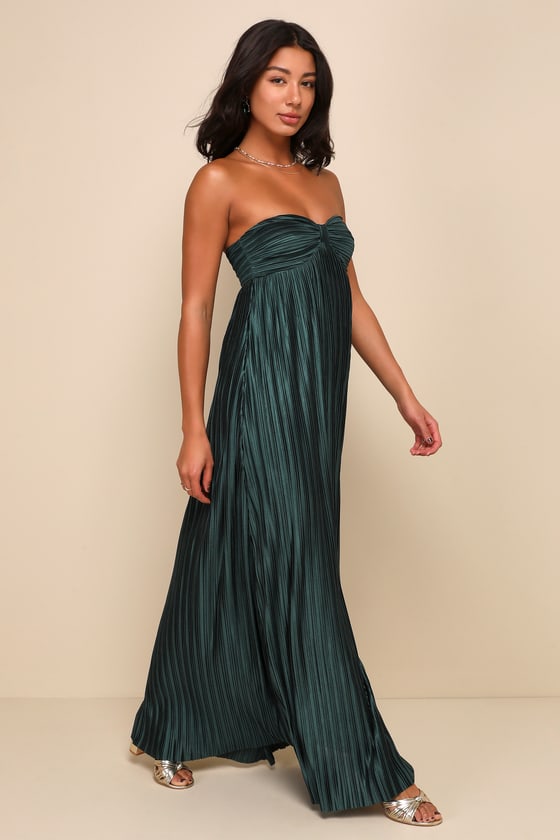 Whimsical Beauty Emerald Green Satin Plisse Strapless Maxi Dress - thumbnail 4