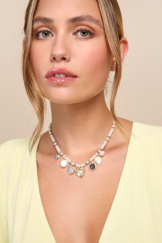 Lulus Adorably Eclectic Gold Pearl Rhinestone Charm Necklace
