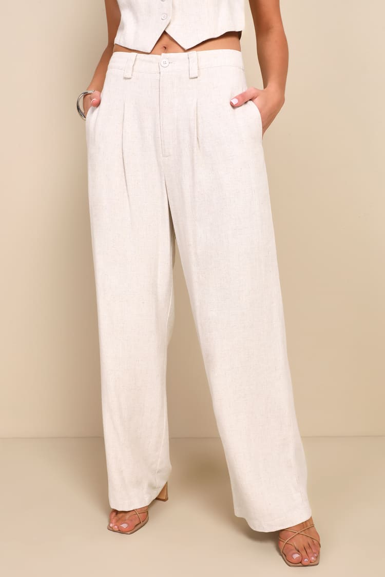 Suits You Perfectly Beige Linen Wide Leg Pants