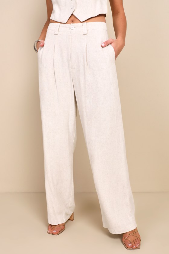 Suits You Perfectly Beige Linen Wide Leg Pants 4
