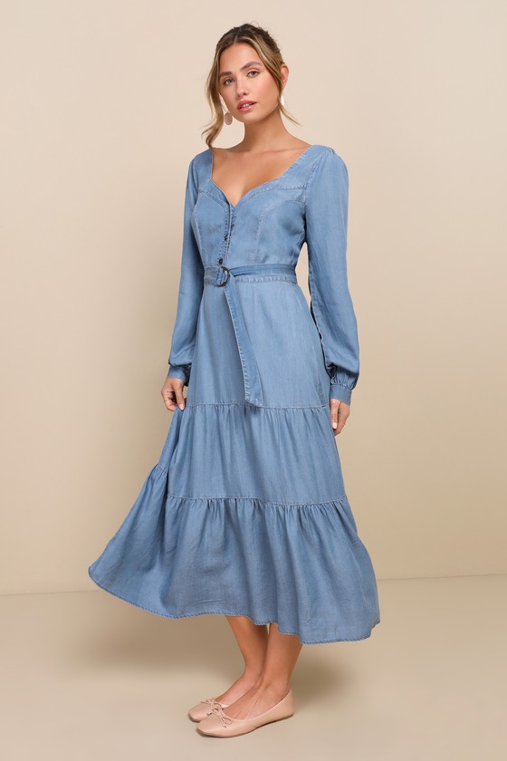 Light Blue Chambray Dress - Tiered Midi Dress - Belted Midi Dress - Lulus
